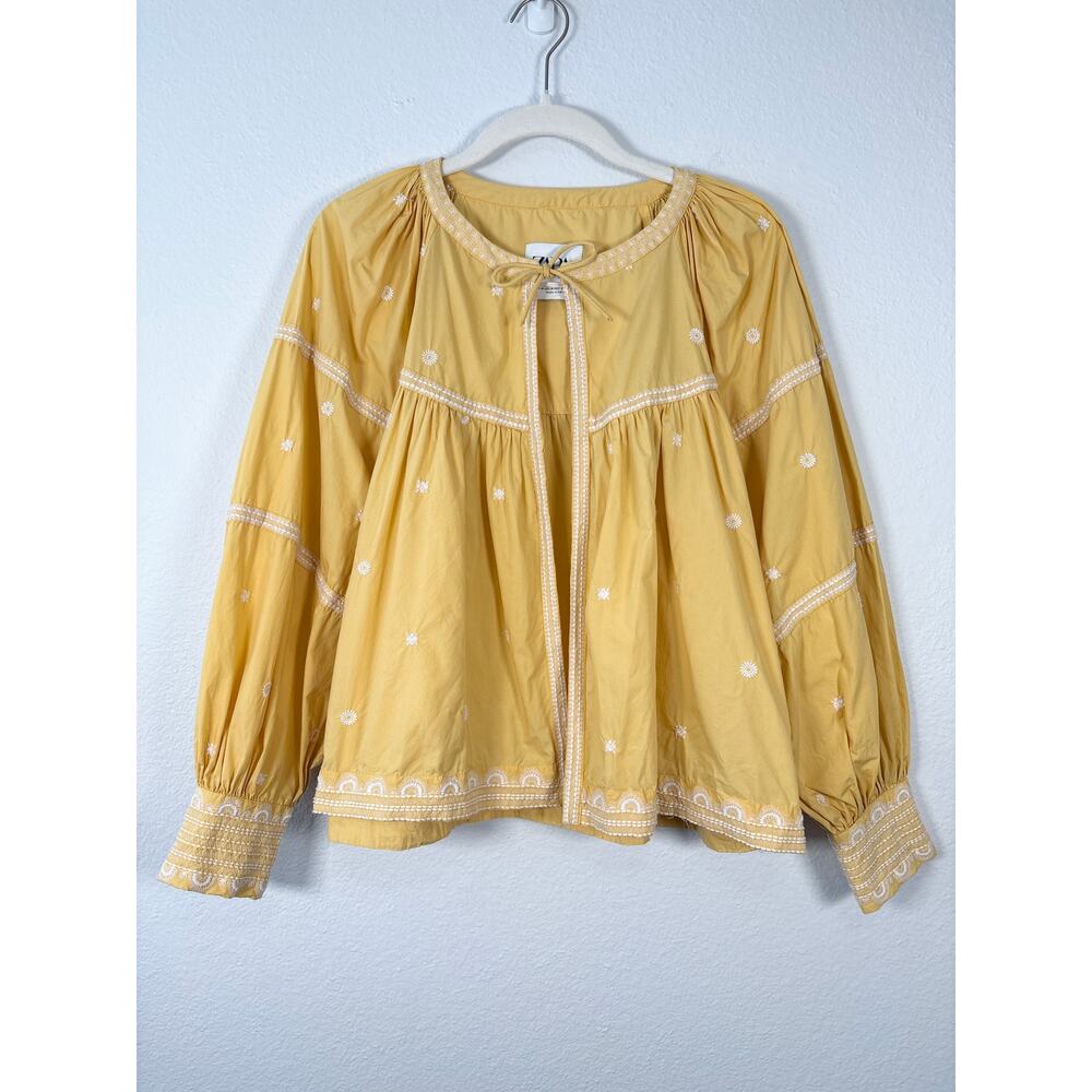 Zara Boho Yellow Puff Sleeve Open Front Tie Neck Embroidered Blouse Top